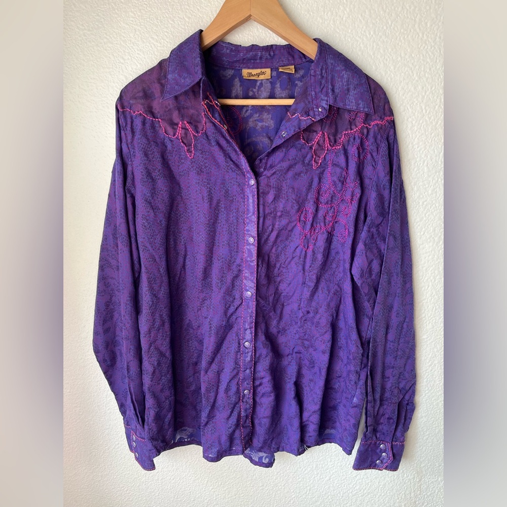 Wrangler Vintage Western Boho Pearl Snap Purple Button Down Blouse XL